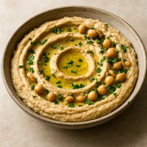 Warm hummus topped with Middle Eastern infused olive oil, parsley, and pine nuts