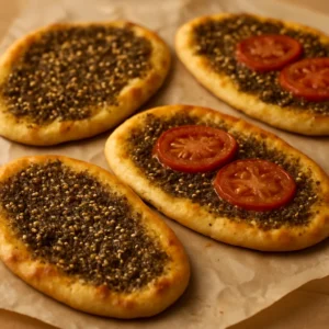 Fresh za’atar manakish flatbreads with golden edges and olive oil sheen