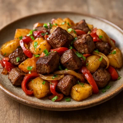 A hearty Southwestern steak and potatoes dinner with browned steak, golden potatoes, onions, peppers, and parsley