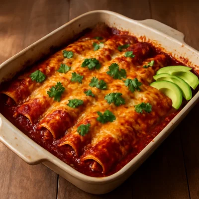 Baked Arizona red chile chicken enchiladas topped with melted cheese and cilantro