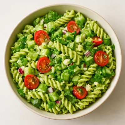 Creamy avocado pasta salad with cherry tomatoes, cucumber, herbs, and feta