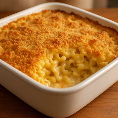 Baked mac and cheese with a golden breadcrumb topping in a white casserole dish