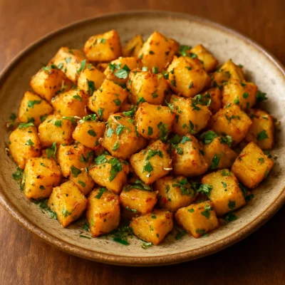 Lebanese batata harra with golden crispy potatoes, garlic, parsley, and lemon