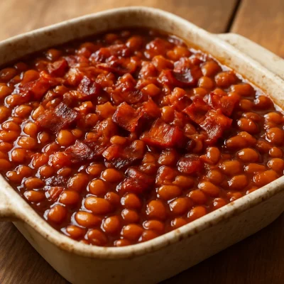 A rustic dish of glossy BBQ baked beans with bacon bits and caramelized sauce