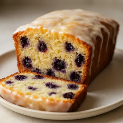 A slice of blueberry lemon pound cake with lemon glaze and blueberries