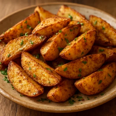 Roasted Cajun potato wedges finished with herbs on a rustic plate