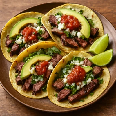Carne asada street tacos with onion, cilantro, avocado, queso fresco, salsa, and lime