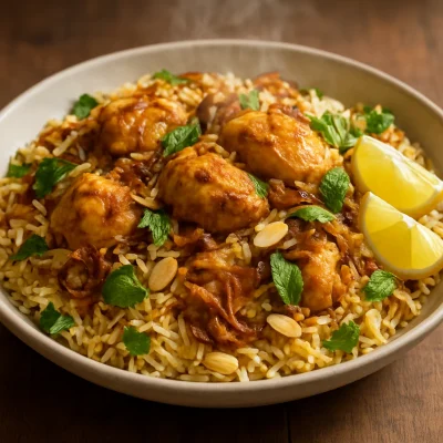 Chicken biryani with spiced basmati rice, herbs, and lemon wedges