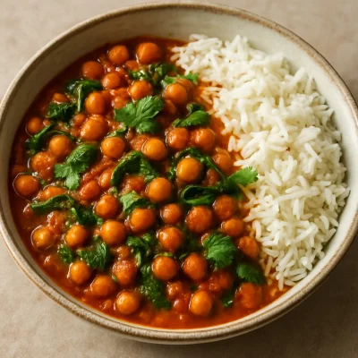 Chickpea and spinach curry served with basmati rice