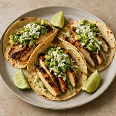 Grilled chicken tacos topped with avocado salsa, cabbage, queso fresco, and lime wedges