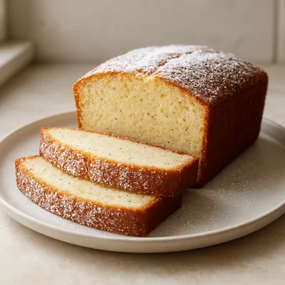 Slice of classic vanilla bean pound cake with powdered sugar