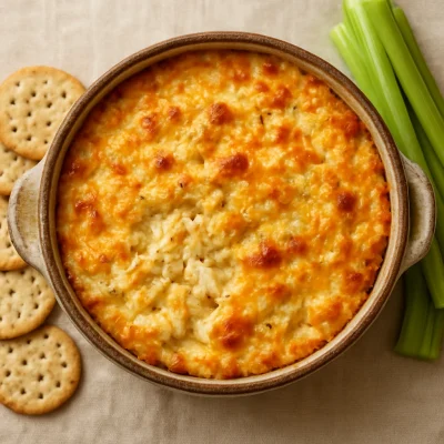 Warm baked crab dip with a golden breadcrumb topping