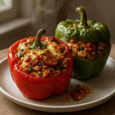 Creole stuffed bell peppers filled with rice, sausage, tomatoes, and melted cheese