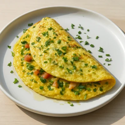 Golden garden herb omelet with cheddar, parsley, chives, and tomato