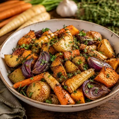 Herb-Roasted Root Vegetables made with Garden Infuzions British Infused Olive Oil Blend featuring roasted potatoes, carrots, parsnips, sweet potatoes, red onions, thyme, and rosemary.