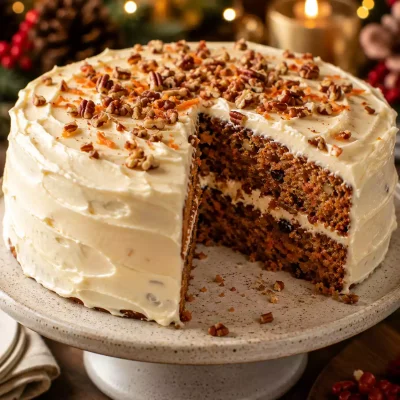 Holiday Carrot Cake Finished with Cream Cheese Frosting and Allspice Olive Oil Two-layer holiday carrot cake with cream cheese frosting, toasted pecans, golden raisins, and a moist spiced crumb.