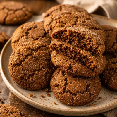 Stack of chewy old-fashioned molasses cookies with crackled sugar tops on a ceramic plate.