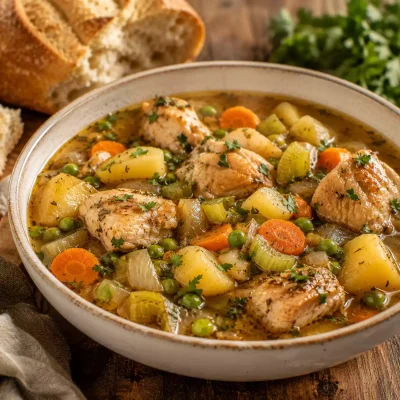 Rustic chicken and vegetable stew with British Infused Olive Oil Blend, potatoes, carrots, celery, peas, and herb-seasoned broth.