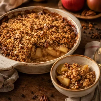 Warm spiced apple crumble with golden oat topping in a ceramic baking dish