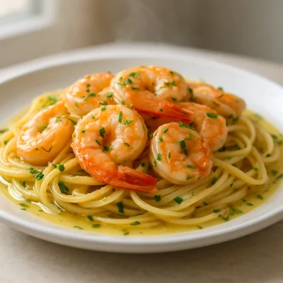 Garlic butter shrimp scampi over linguine with lemon, parsley, and glossy sauce