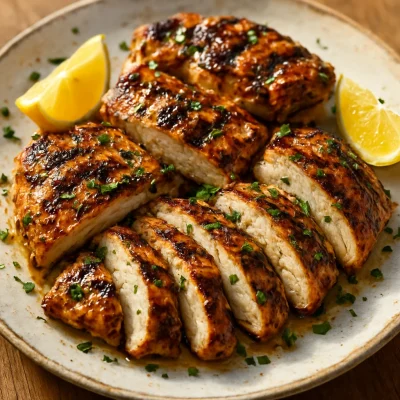 Grilled chicken thighs with garlic, lemon, and herbs on a white plate