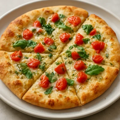 Garlic parmesan flatbread topped with tomatoes, basil, and a drizzle of bruschetta olive oil