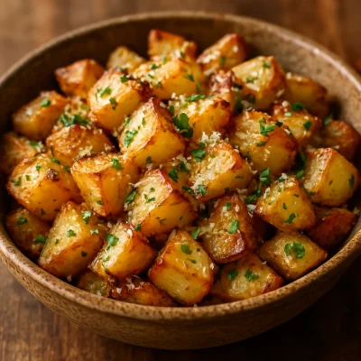 Garlic parmesan roasted potatoes with golden crisp edges and parsley