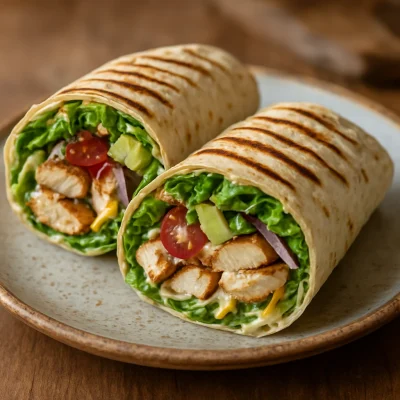 Grilled chicken farmhouse wrap with fresh vegetables and creamy sauce