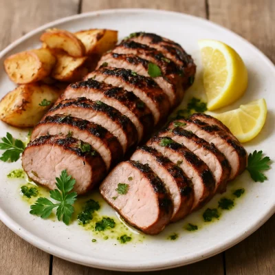 Sliced grilled pork tenderloin with oregano oil, garlic, parsley, and lemon wedges