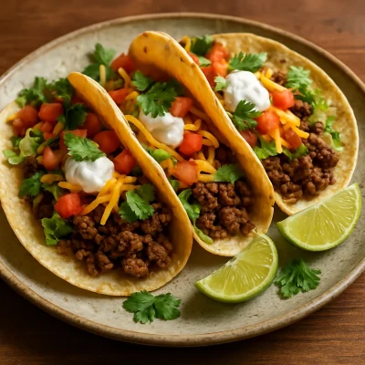 Ground beef tacos with lettuce, tomato, cheese, sour cream, and lime wedges