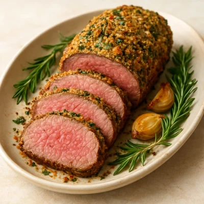 Herb-crusted beef tenderloin sliced on a platter with a golden herb crust and rosy center