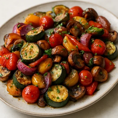 Roasted zucchini, peppers, mushrooms, and cherry tomatoes finished with basil infused olive oil