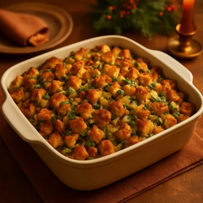 Golden holiday stuffing with herbs and vegetables baked in a casserole dish