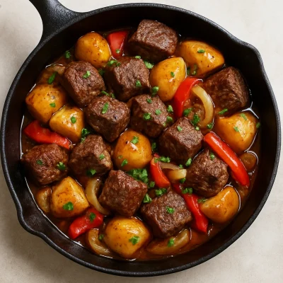 Hungarian beef and potato skillet with golden potatoes, seared beef, and parsley garnish