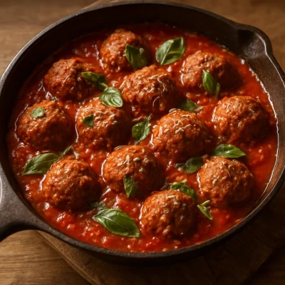 Homemade meatballs simmered in rich tomato sauce with basil and Parmesan