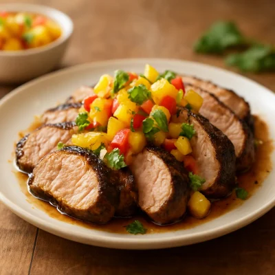 Sliced jerk pork tenderloin topped with pineapple salsa