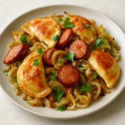 Smoked kielbasa and crispy pierogies with caramelized onion and cabbage in a skillet