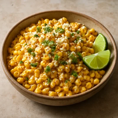 A bowl of creamy Mexican street corn with cotija, cilantro, and lime wedges