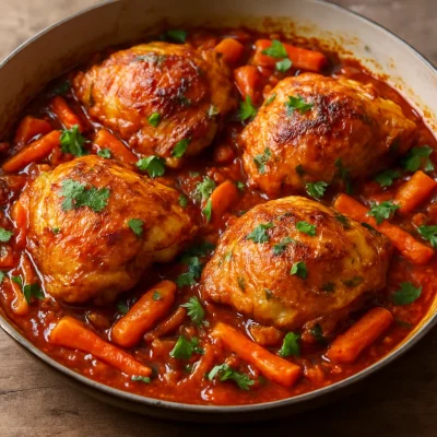 Roasted chicken thighs in smoky harissa tomato sauce with onions, carrots, and herbs