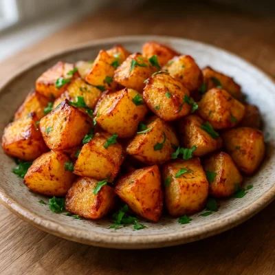 Golden roasted potatoes with crisp edges and parsley garnish