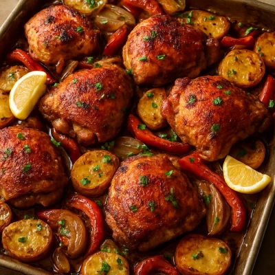 Paprika-roasted chicken thighs with potatoes, onions, and red bell peppers on a sheet pan