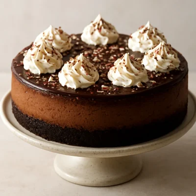 Dark chocolate cheesecake topped with whipped cream, shaved chocolate, and crushed peppermint candies