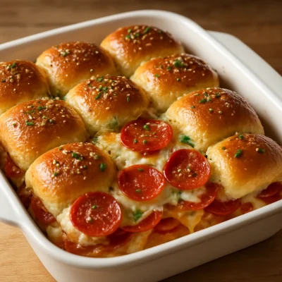 Baked pepperoni pizza sliders with melted mozzarella and golden roll tops