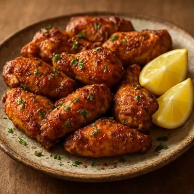 Crispy peri peri chicken wings with lemon wedges and parsley