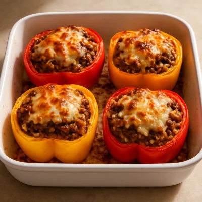 Philly cheesesteak stuffed bell peppers with beef, onions, rice, and melted provolone