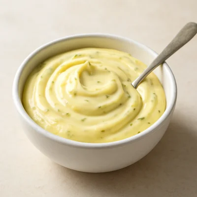 A bowl of creamy homemade pickle mayonnaise with a smooth pale yellow finish.