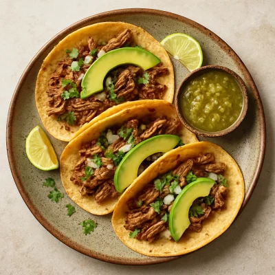 Pork carnitas tacos topped with onion, cilantro, avocado, and lime