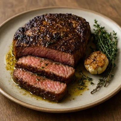 Reverse-seared ribeye brushed with herb-infused olive oil and sliced to a rosy center