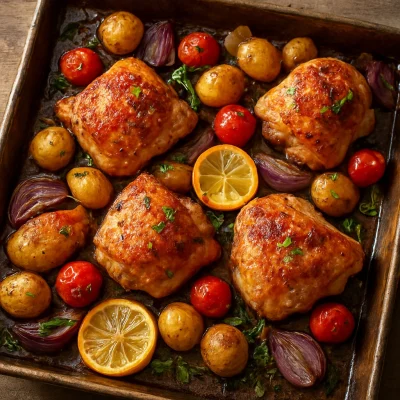 Roasted chicken thighs with potatoes, tomatoes, onion, and lemon on a sheet pan