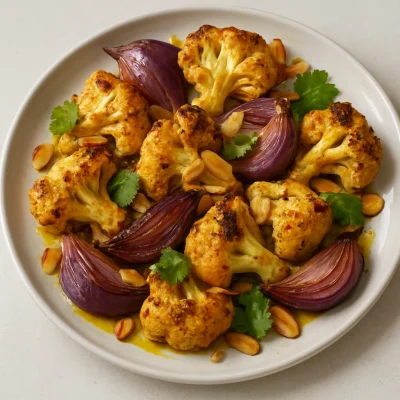 Roasted cauliflower with curry spice, red onion, cilantro, and toasted almonds